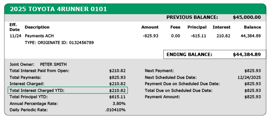 Sample_StatementArtboard-1_1-1.jpg 2025 Toyota 4Runner Statement highlighting $210.82 Total Interest Charged YTD